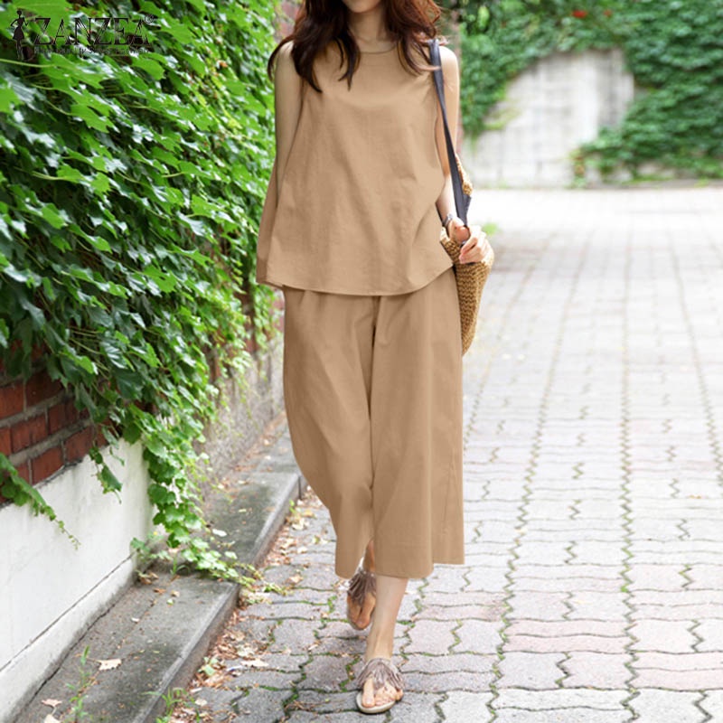 Zanzea Bộ Áo Sát Nách Hở Lưng Phối Quần Dài Lưng Thun Màu Trơn Phong Cách Hàn Quốc Thời Trang Cho Nữ