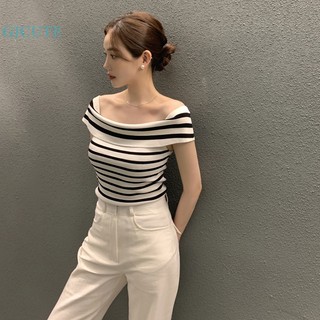 GJCUTE  Áo kiểu trễ vai nữ phong cách tiểu thư  thanh lịch chất thun tăm lạnh co dãn dễ phối đồ