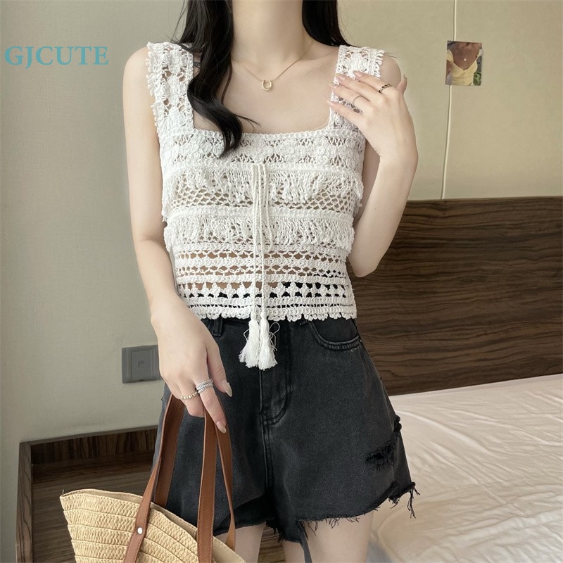 Áo Dệt Kim Không Tay Cổ Vuông Phối Tua Rua Thời Trang Mùa Hè Vintage Cho Nữ