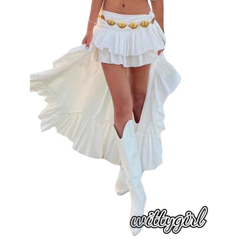 Chân Váy Midi Màu Trắng Lưng Thun Co Giãn Phong Cách Boho Dành Cho Nữ