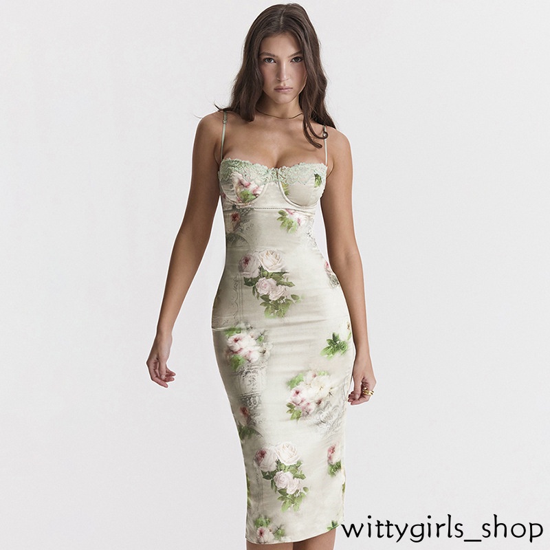 Cửa Hàng Wittygirls_ Shop | Đầm Ôm Cổ Yếm Phối Ren Hoa Thời Trang Mùa Hè Mới Cho Nữ