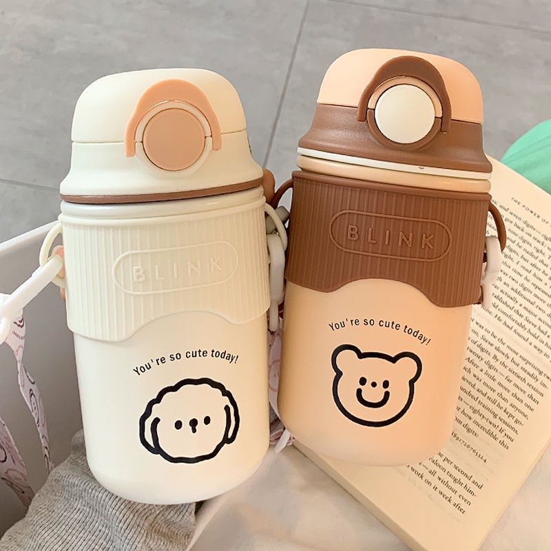 Bình Nước Giữ Nhiệt Có Ống Hút Và Dây Đeo Chéo Dễ Thương Cho Người Lớn Và