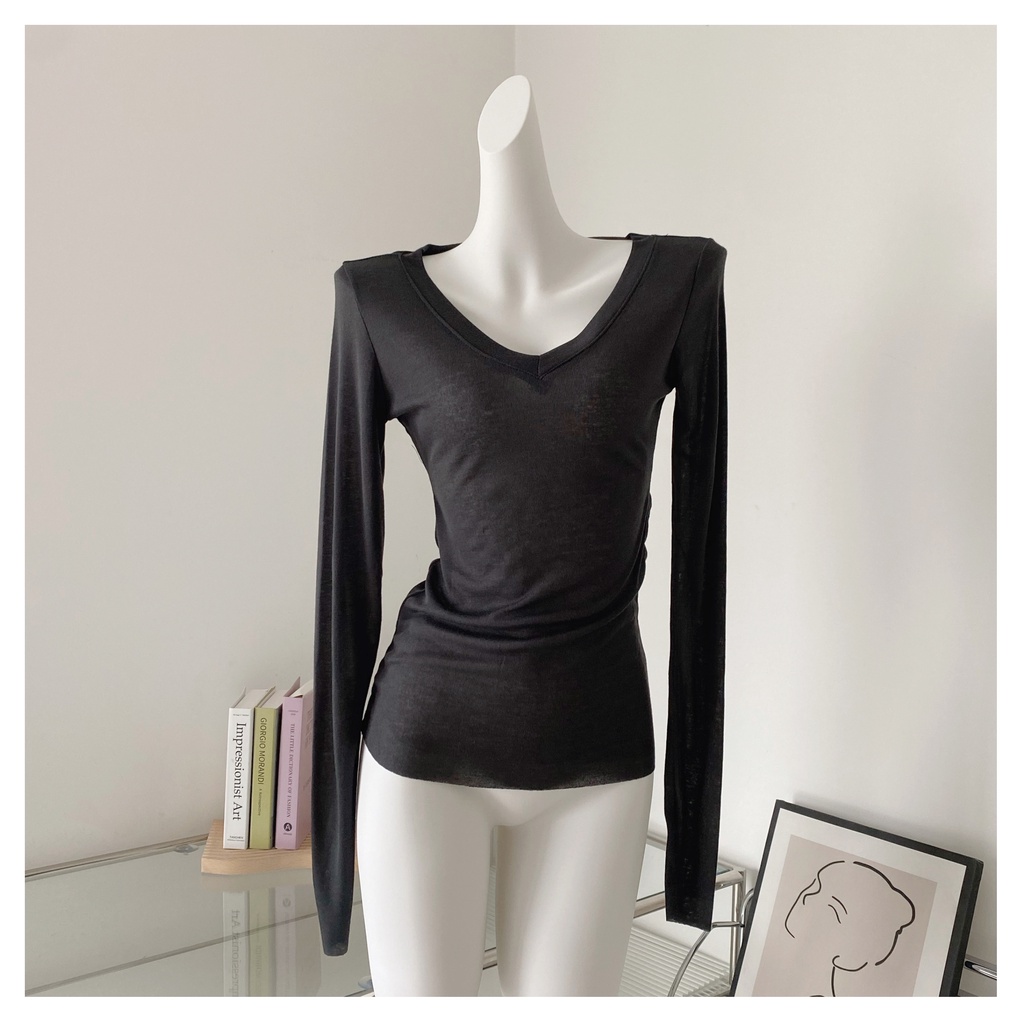 Áo Thun Tay Dài Cổ Chữ V Khoét Eo Dáng Ôm Thời Trang Mùa Hè Quyến Rũ Cho Nữ