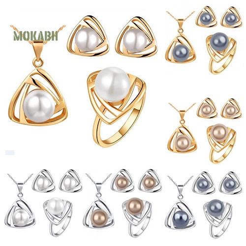 [Mok Abh] Bộ Vòng cổ + Nhẫn + Bông Tai Hình Tam Giác Có Đính Ngọc Trai Giả