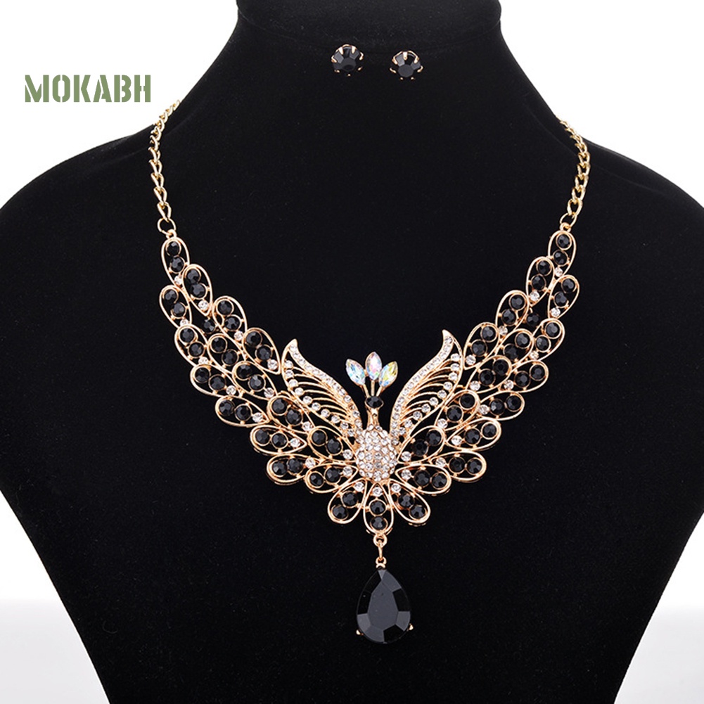 [Mok Abh] Bộ Vòng cổ + Bông Tai Hình Con Công Đính Kim Cương Giả Theo Phong Cách Retro