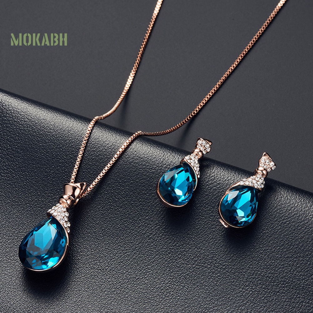 [Mok Abh] Bộ Vòng cổ Và Bông Tai Hình Giọt Nước Có Đính Kim Cương Giả