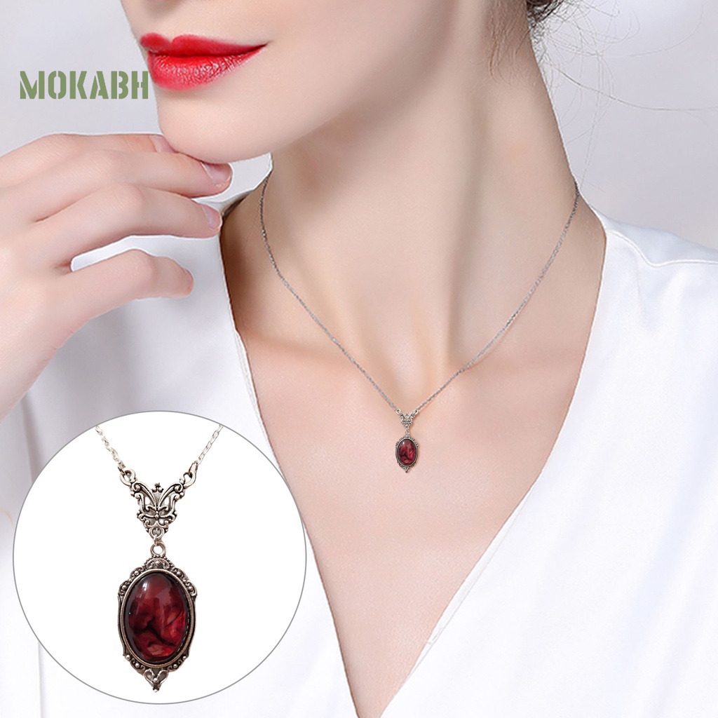 Vòng cổ Mặt Oval Đính Đá Thạch Anh Đỏ Phong Cách Vintage Thanh Lịch