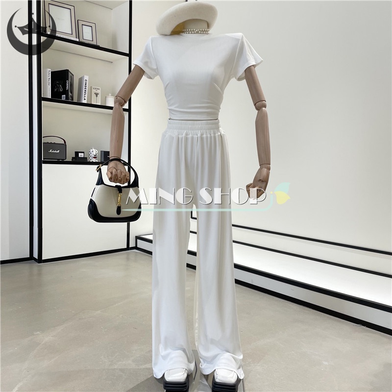 Set Áo Thun Tay Ngắn Cổ Tròn Hở Lưng Phối Quần Dài Ống Rộng Thời Trang Cá Tính