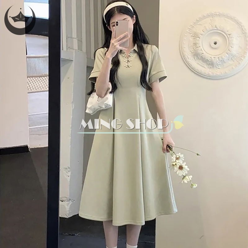 Đầm Chữ A Ngắn Tay Cổ Bẻ Phong Cách Vintage Nữ Tính