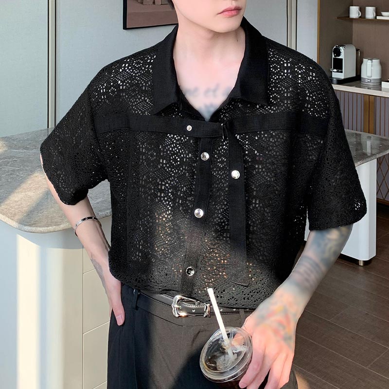 INCERUN Áo Sơ Mi Ngắn Tay Phối Ren Đính Nút Kim Loại Thời Trang Cho Nam