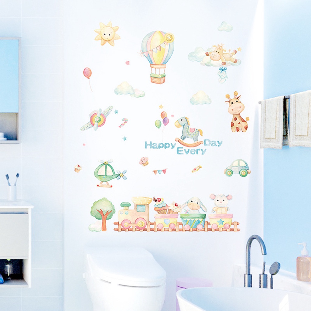 Miếng Dán Tường Bằng PVC Chống Thấm Nước Họa Tiết Hoạt Hình Động Vật Và Bong Bóng Xinh Xắn