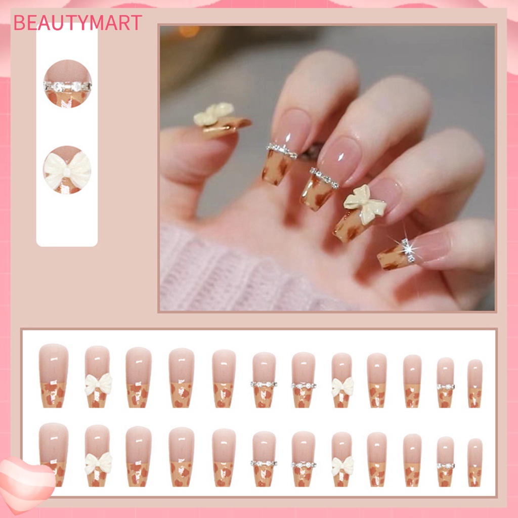 1 Bộ Móng Tay Giả Hình Nơ Họa Tiết Da Báo Dễ Tẩy Trang Diy