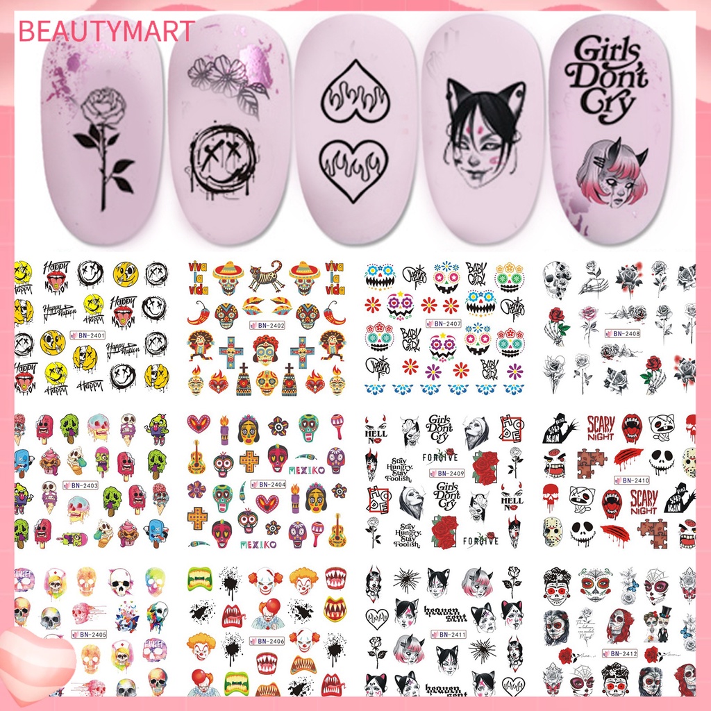 Hình Dán Móng Tay Không Phai Họa Tiết Đầu Lâu / Cây Thông / Halloween Độc Đáo