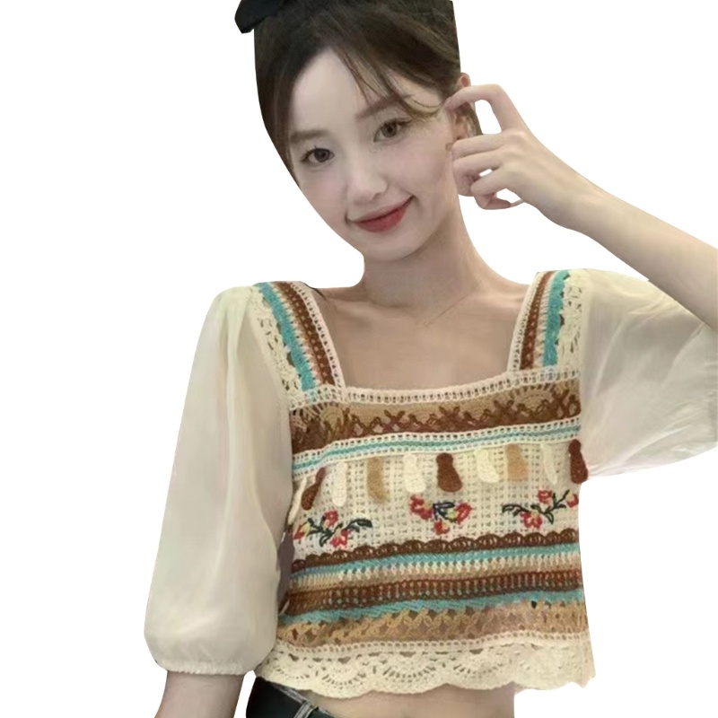 Áo Sơ Mi Ngắn Tay Cổ Vuông Họa Tiết Hoa Thêu Thanh Lịch Cho Nữ