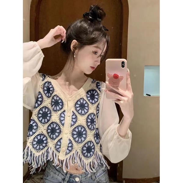 Áo Dệt Kim Tay Dài Phối Tua Rua Phong Cách vintage Ngọt Ngào Cho Nữ