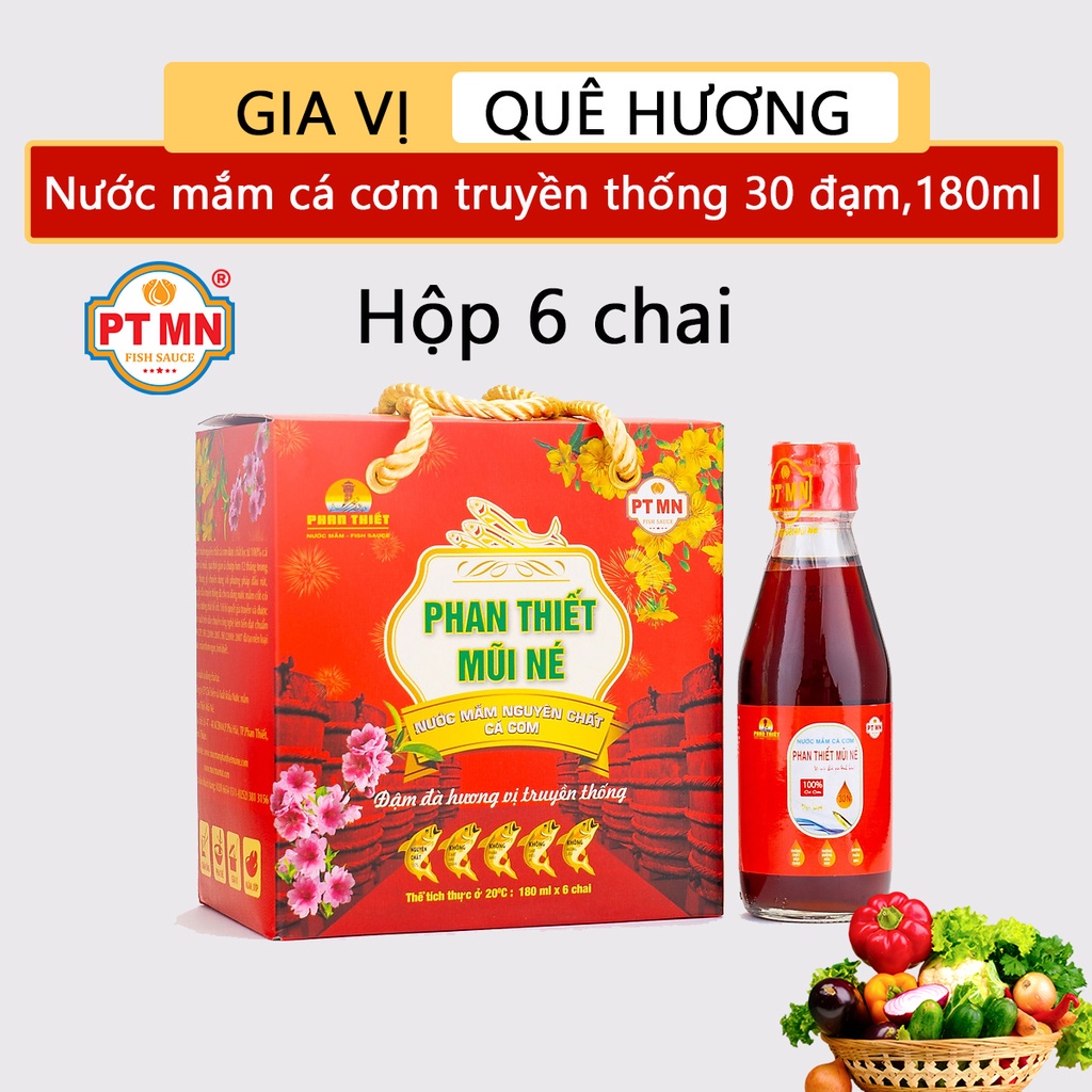 Nước mắm cá cơm truyền thống Phan Thiết Mũi Né 30 độ đạm, 180ml GIA VỊ QUÊ HƯƠNG (hộp 6 chai)