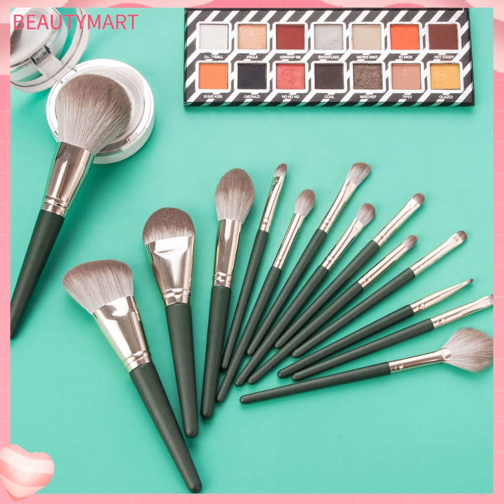 Set 14 Cọ Trang Điểm Ống Màu Xanh Lá Trọng Lượng Nhẹ Dễ Vệ Sinh An Toàn Cho Nữ