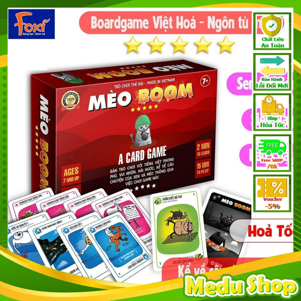 Board game-Mèo Boom-Mèo Nổ-Exploding kittens-Foxi-trò chơi gia đình-bạn bè-hấp dẫn-kịch tính Shop Đồ Chơi MeduShop