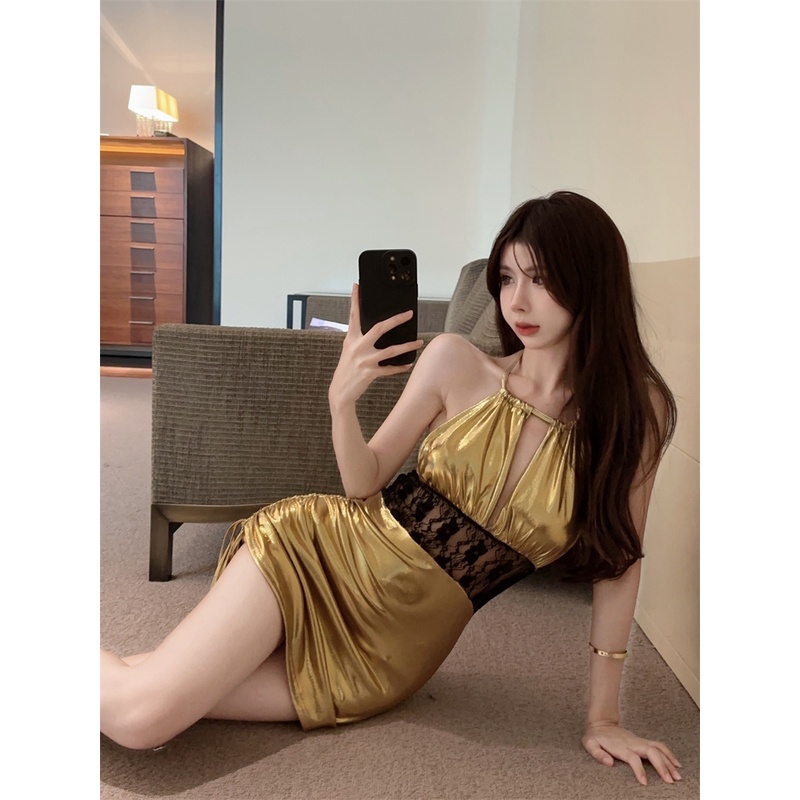 Đầm Hai Dây Phối Ren Xếp Ly Màu Vàng Phong Cách Pháp Quyến Rũ Cao Cấp
