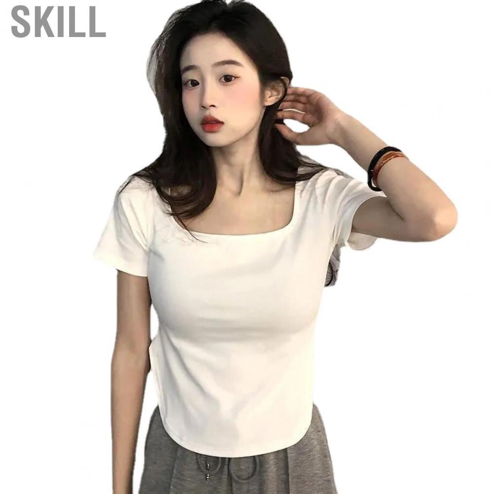 Skill Short Sleeve T Shirt  Fit Casual Square Neck Seamless Basic Blouse for Summer