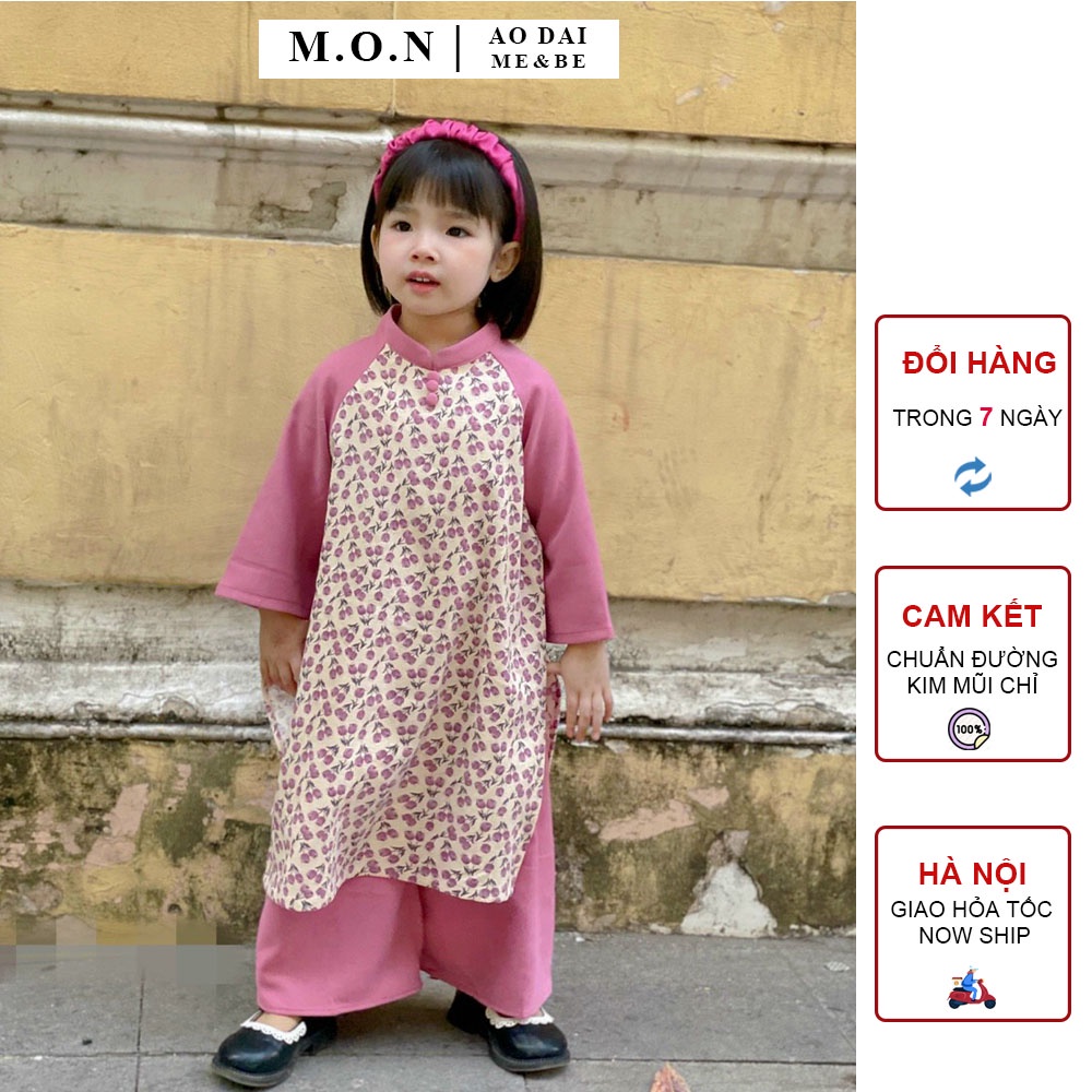 Set Áo Dài Bé Gái Nhung Tăm Hoa Nhí Tím Hồng Phối Tay