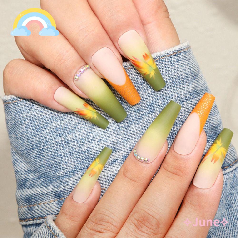 JUNE Bộ 24 Móng Tay Giả Che Phủ Toàn Diện Màu Vàng Có Thể Tháo Rời