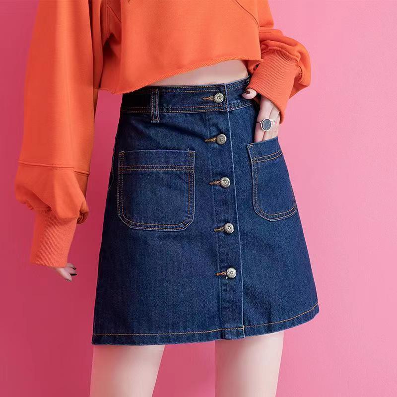 Váy denim mùa hè phụ nữ a-line váy eo cao túi hông học sinh mỏng và siêu hot váy ngắn