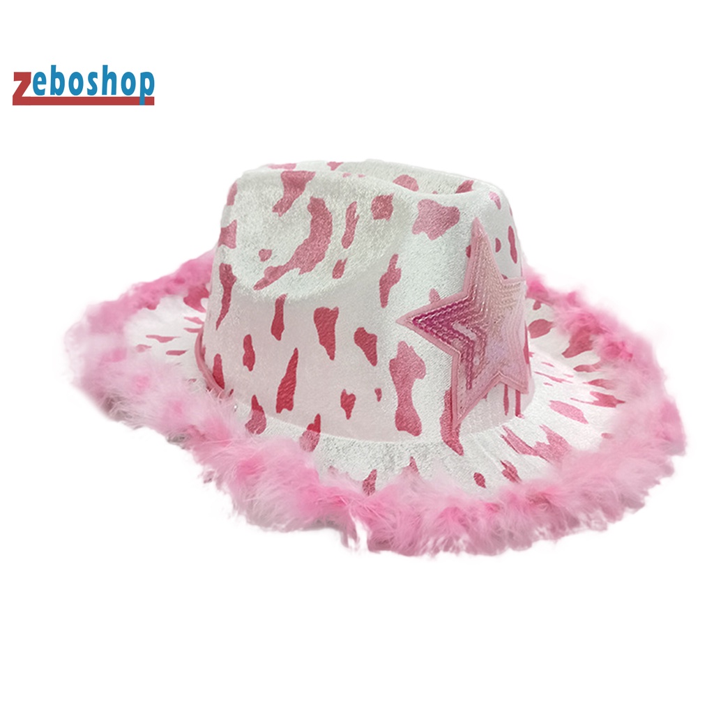 [ZEBO] Mũ Cao Bồi Có Dây Rút Viền Lông Vũ Họa Tiết Ngôi Sao Hóa Trang Cho Nữ