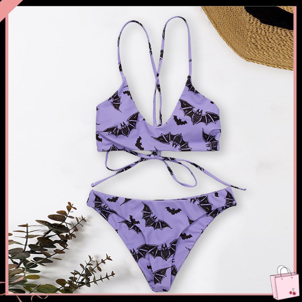 {Soltweter} Bộ Đồ Bơi Bikini Hai Dây Có Đệm Nâng Ngực In Họa Tiết Dơi Lưng Thấp Cho Nữ Hoạt Động Nước