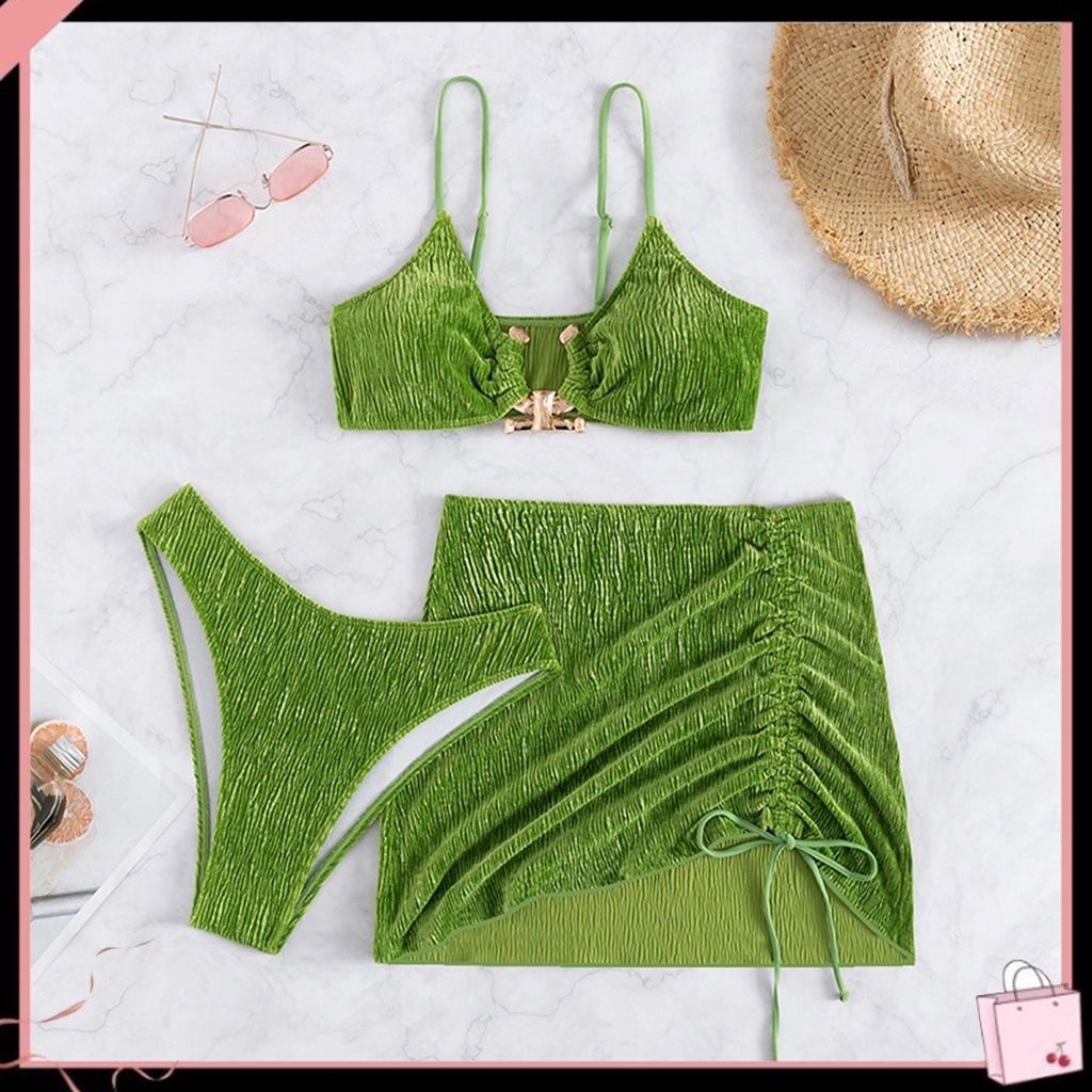 Bộ Đồ Bơi 3 Món Gồm Áo + Chân Váy + Dây Rút Màu Sắc Trơn Lưng Cao Nhanh Khô Tùy Chỉnh Thời Trang Cho Nữ