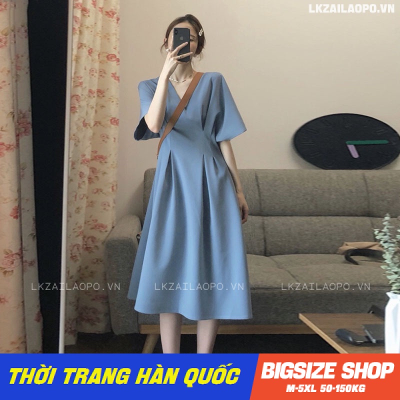 Váy đầm nữ Bigsize dáng xoè tay ngắn cổ chữ v đen mùa hè Phong cách Hàn Quốc Thời Trang đẹp