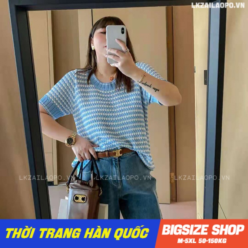 Áo len nữ kiểu Bigsize Áo dệt kim nữ dáng suông Kẻ Sọc tay ngắn cổ tròn mùa thu Phong cách Hàn Quốc Thời Trang cá tính xinh đẹp cho người mập béo nữ