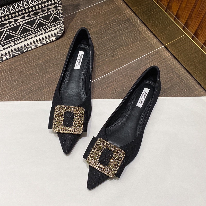 Giày Búp Bê Mũi Nhọn Đế Bằng Đính Nơ Và Khóa Vuông Phong Cách Mới Cho Nữ