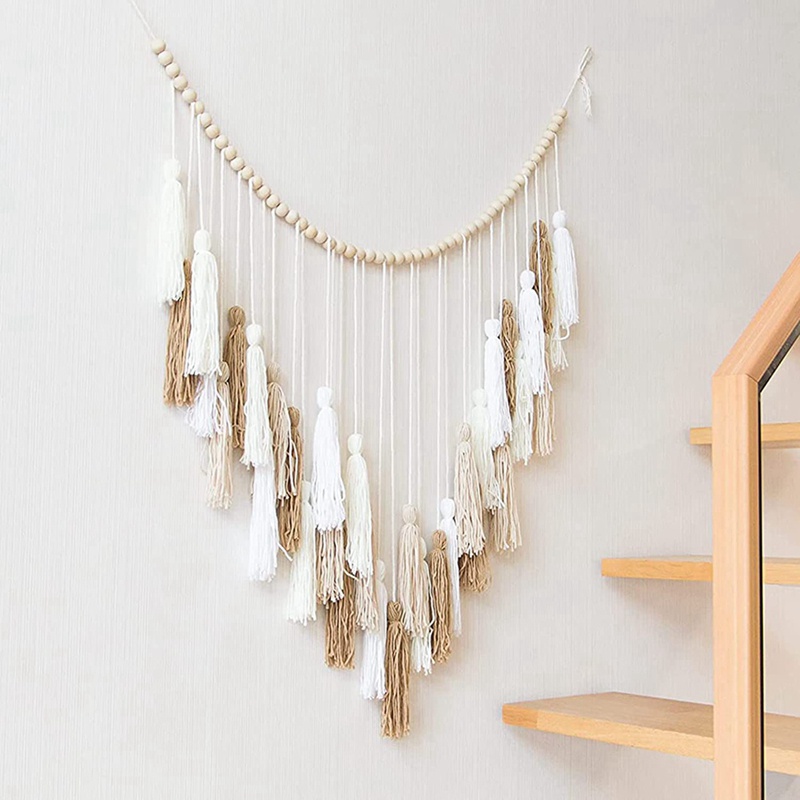 1 Thảm Dệt Macrame Lớn Màu Trắng / Be / Khaki / Xanh Dương Đính Hạt Gỗ Treo Tường Trang Trí Phong Cách Boho