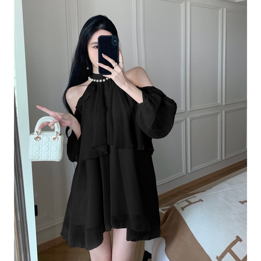 Áo Kiểu Chất Chiffon Tay Dài Thiết Kế Trễ Vai Hợp Thời Trang