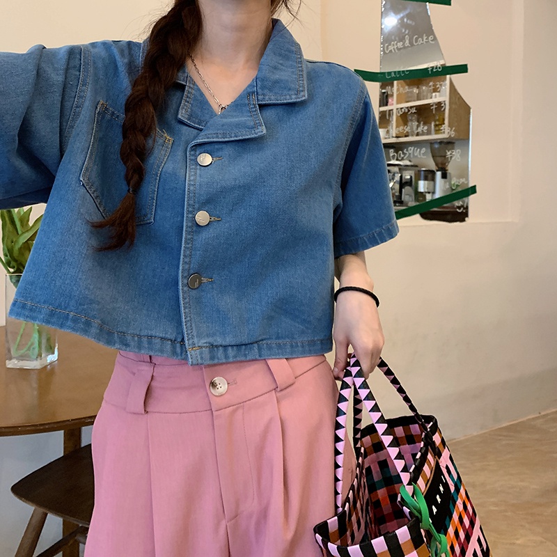 Áo Khoác Jean Ngắn Dáng Suông Màu Sắc Đơn Giản Thời Trang Mùa Hè Hàn
