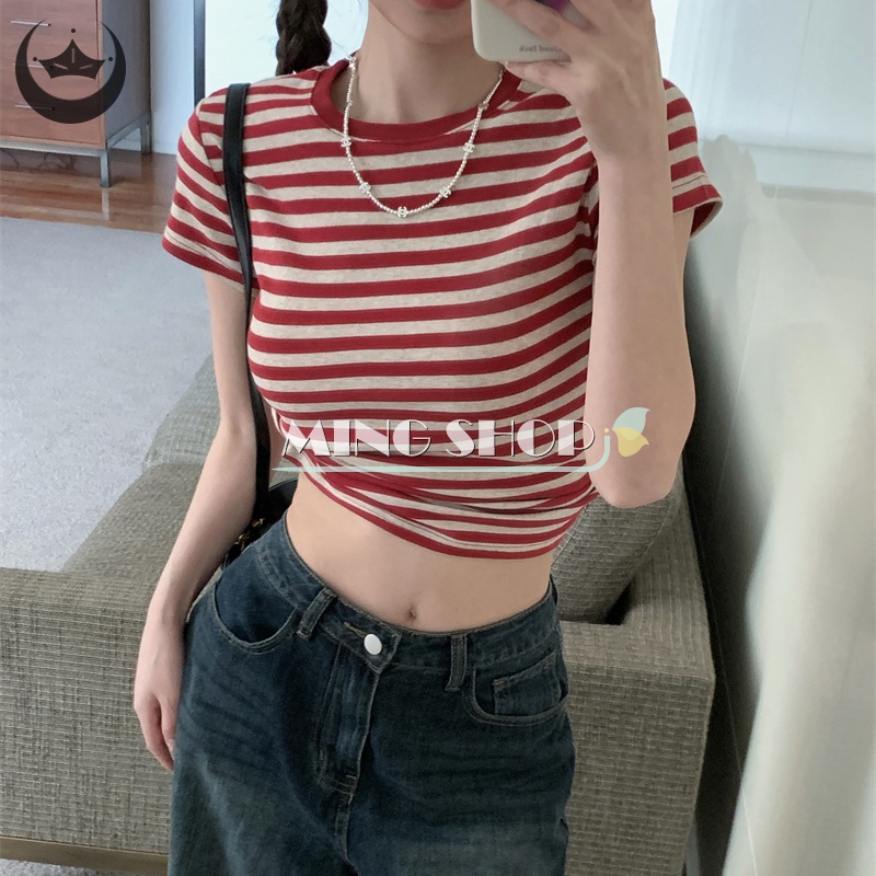 Áo Thun Croptop Dệt Kim Tay Ngắn Cổ Tròn In Họa Tiết Bướm Kiểu Retro Mỹ Thời Trang Mùa Hè Cho Nữ