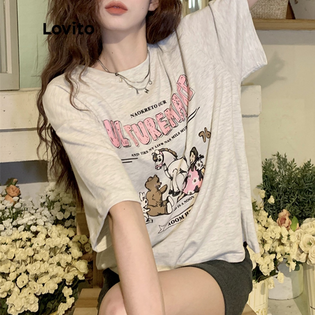 Lovito Áo thun ngắn tay cổ tròn chữ thường thời trang cho nữ LNA09259 (Xám nhạt)