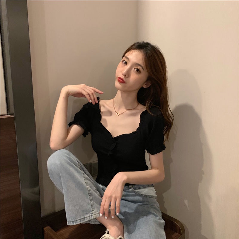 Áo Dệt Kim Cổ Chữ V Trễ Vai Phối Ren Thời Trang Cho Nữ