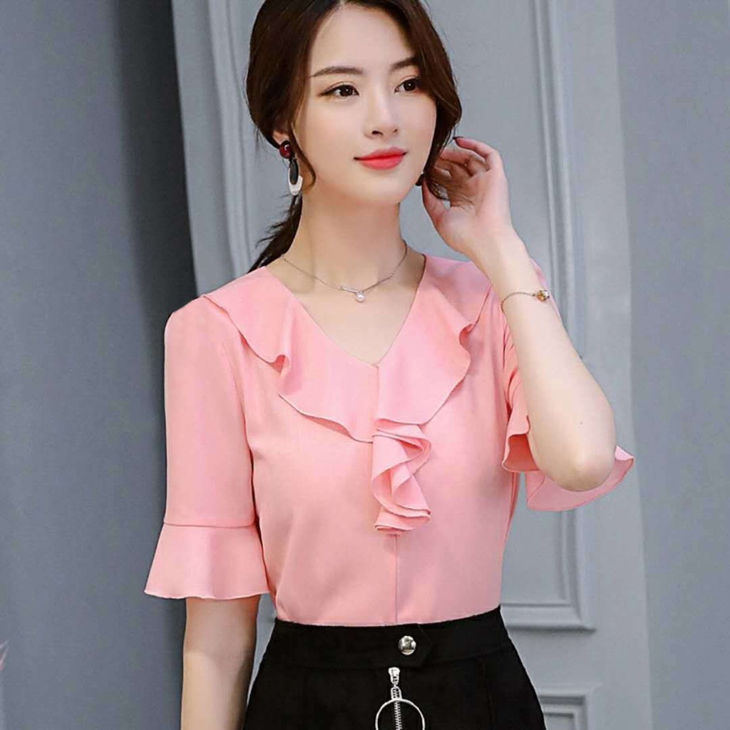 Áo Sơ Mi Chiffon Tay Ngắn Cổ Chữ V Dáng Ôm Phong Cách Hàn Quốc Thời Trang Mùa Hè Mới Cho Nữ