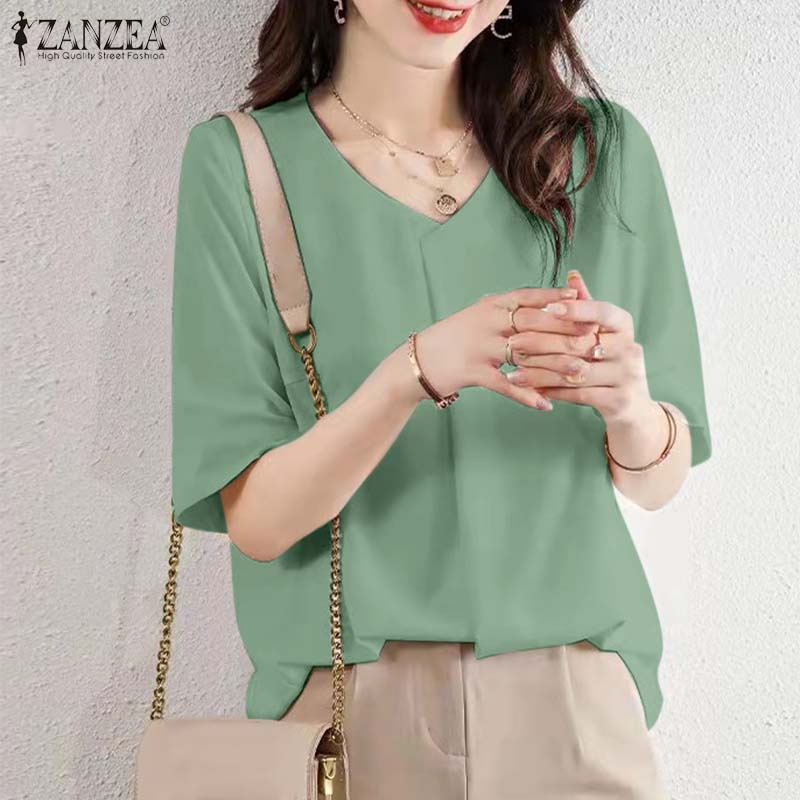 ZANZEA Áo Sơ Mi Nữ Ngắn Tay Cổ Chữ V Màu Trơn Thời Trang