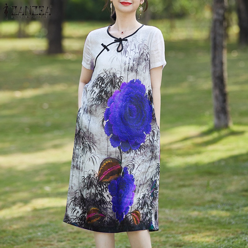 ZANZEA Đầm Sườn Xám Tay Ngắn Cổ Tròn In Họa Tiết Hoa Phong Cách Hàn Quốc Thời Trang Cho Nữ