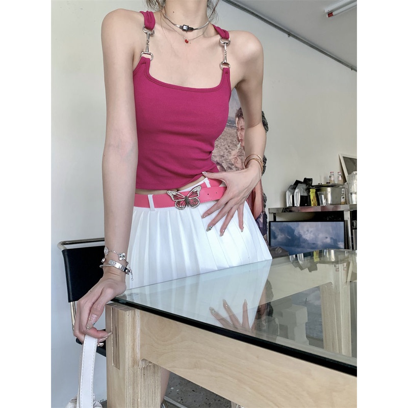 Áo Hai Dây Ngắn Mỏng Ôm Dáng Phối Dây Xích Màu Đỏ Hồng Phong Cách Ngọt Ngào Cho Nữ
