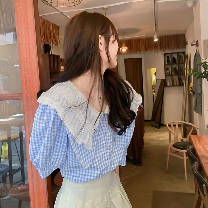 COZOK Áo Sơ Mi Tay Ngắn Cổ Búp Bê Họa Tiết Kẻ Sọc Thời Trang Vintage