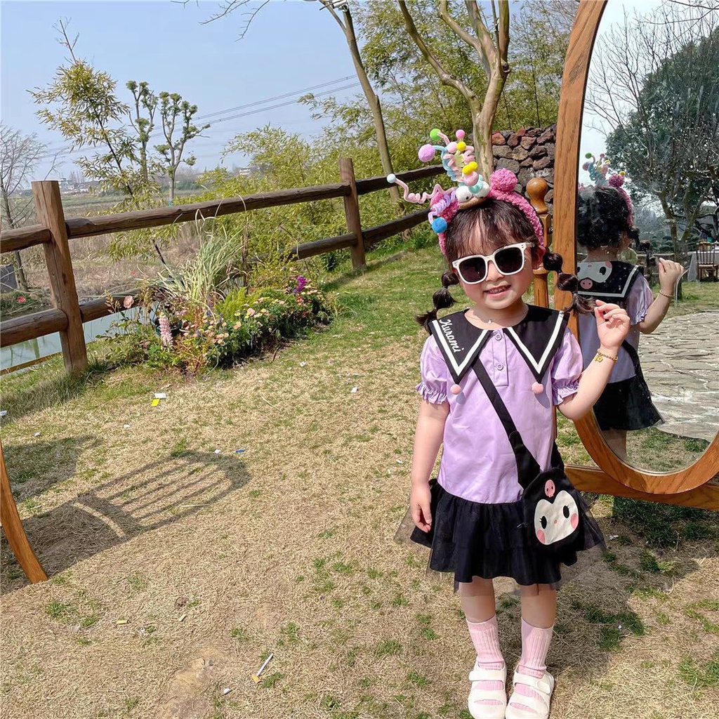 Đầm Tay Ngắn Phồng Cổ Thủy Thủ In Hoạt Hình Kuromi Kiểu Nhật Bản Thời Trang Mùa Hè Cho Bé Gái