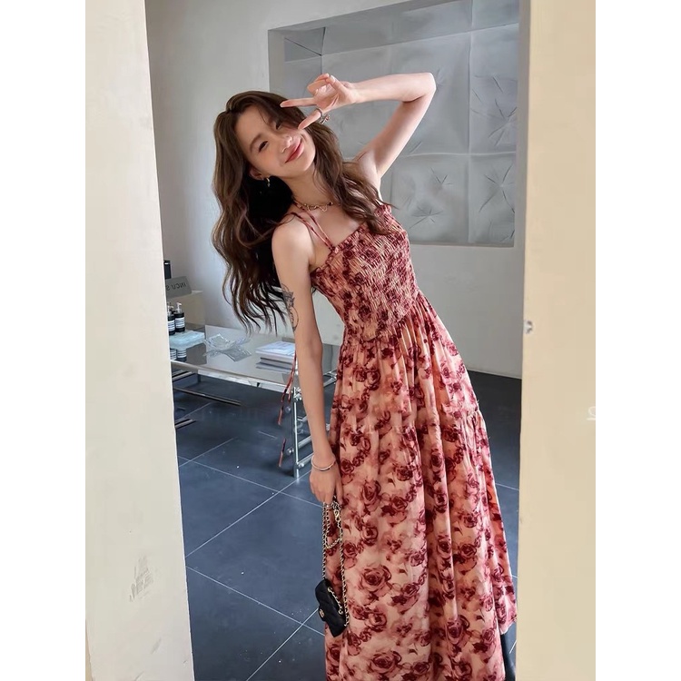 Đầm Hai Dây Eo Cao Ôm Dáng In Họa Tiết Hoa Hồng Thời Trang Mùa Hè 2023 Phong Cách Pháp Cổ Điển