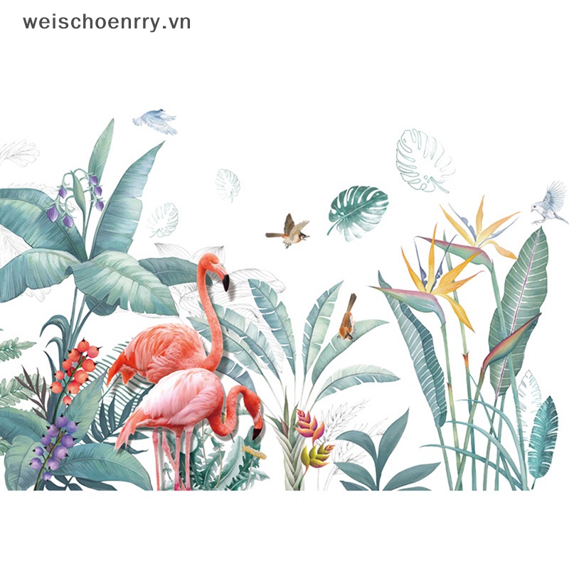 Decal dán tường Họa Tiết Chim Hồng Hạc Và Lá Cây Nhiệt Đới Bắt Mắt