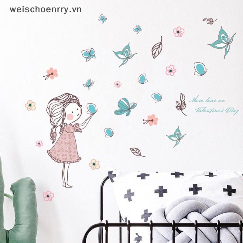 Đề Can Dán Tường Trang Trí Hình Cô Gái Đang Bay Và Bướm Hoạt Hình