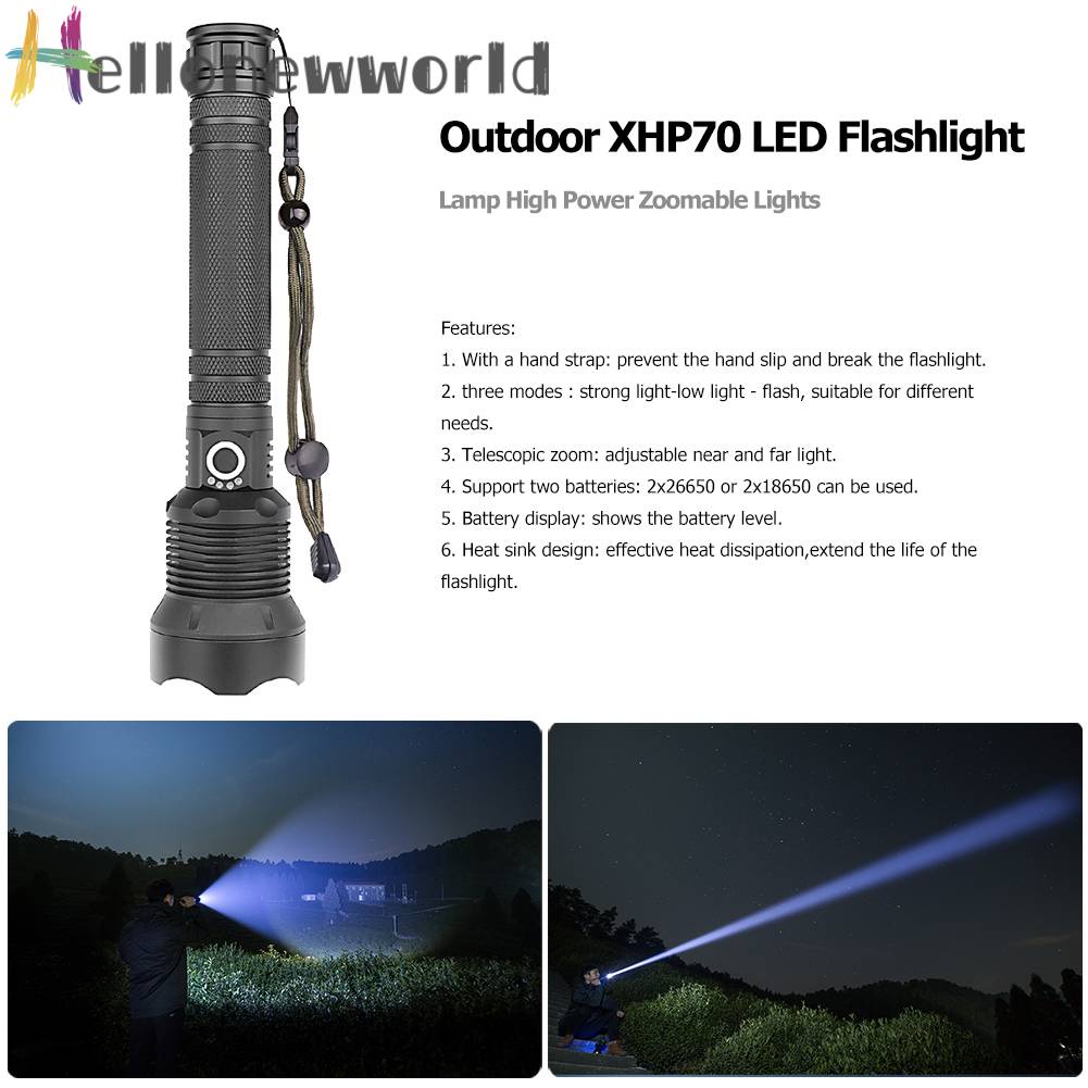 Đèn Pin XHP70 LED 3 Chế Độ 2000LM Chống Thấm Nước IPX4 Sạc USB Tiện Dụng
