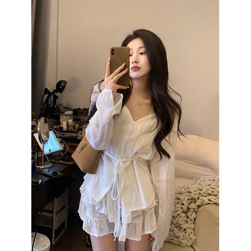 [Đầm Sơ Mi Trắng Dáng Ngắn Ôm Eo Phối Chân Váy Ngắn Phồng Kiểu Pháp Thời Trang Mùa Hè Cho Nữ